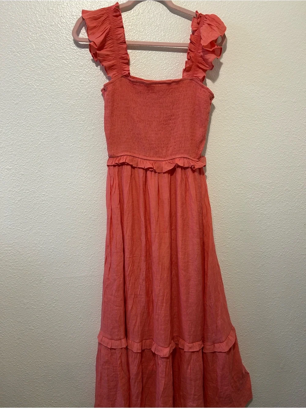 Coral Ruffle Strap Maxi Dress with Smocked Bodice